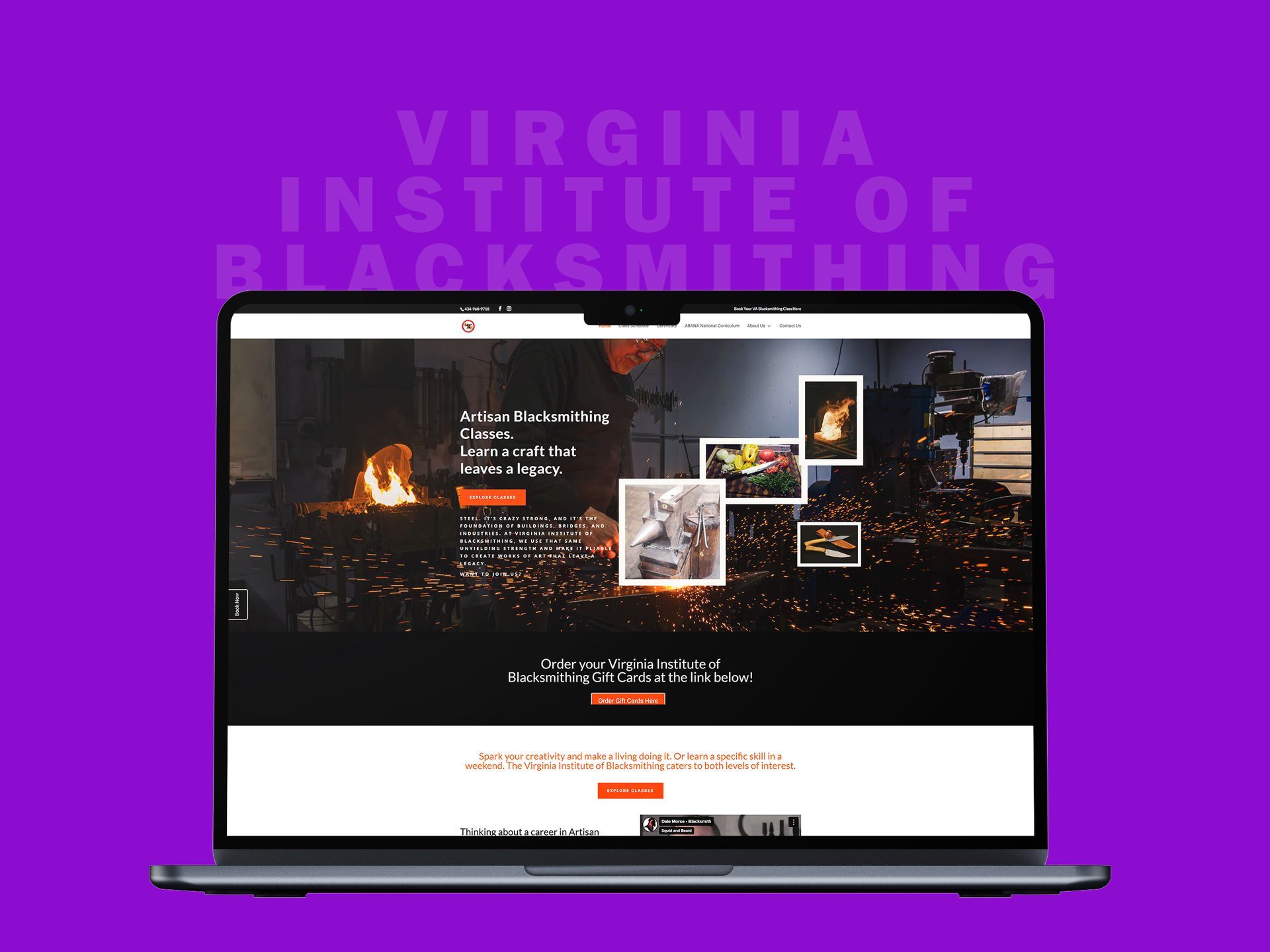 A laptop computer is displaying a website for the virginia institute of blacksmithing.