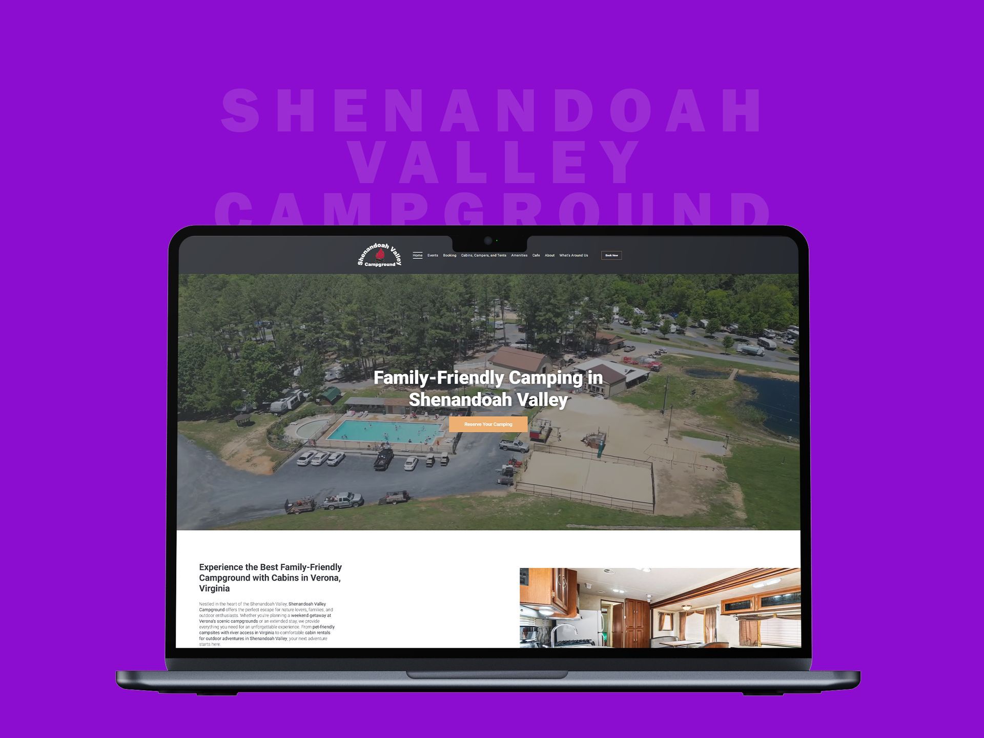 A laptop computer is open to a website for shenandoah valley campground.