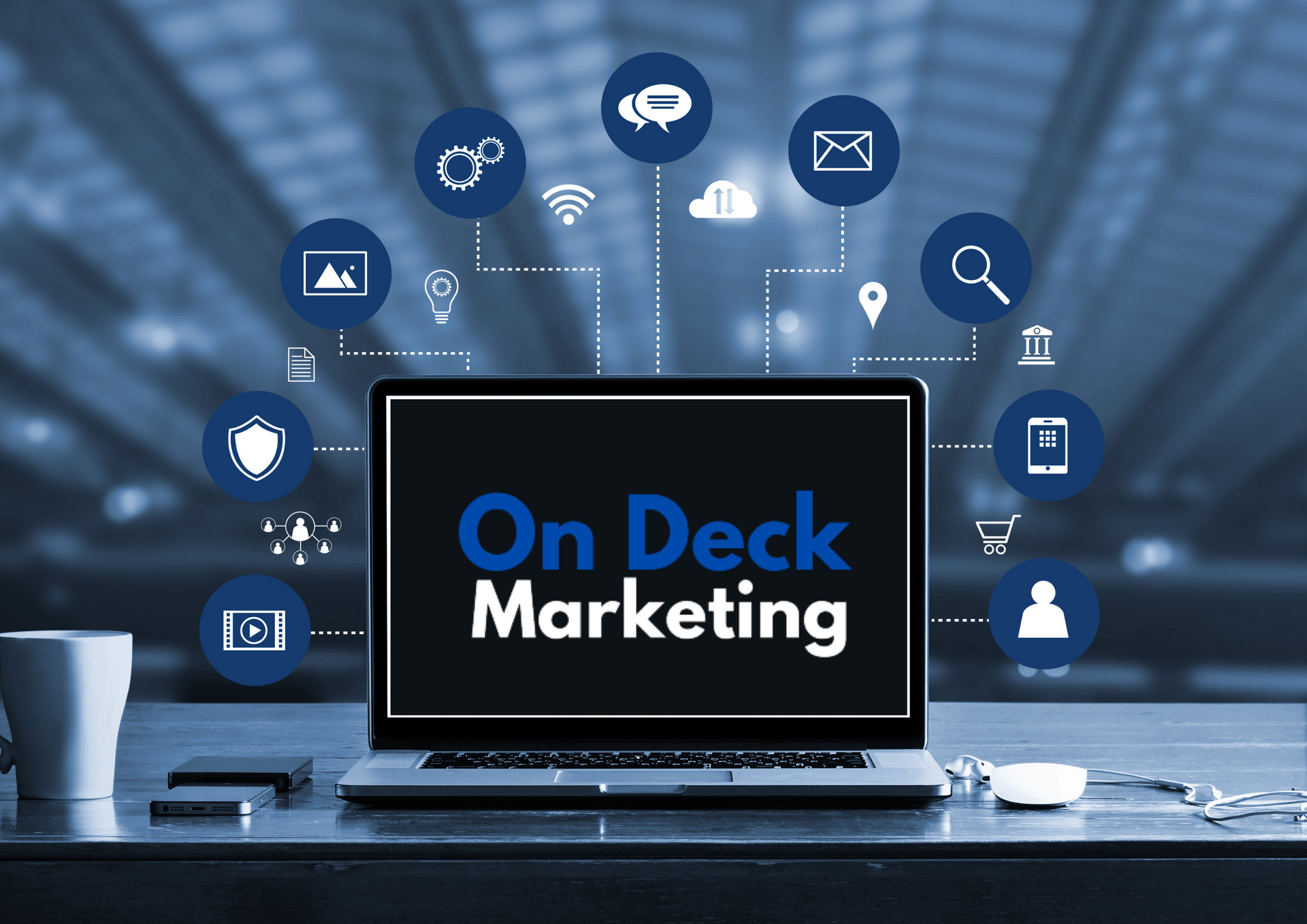 A laptop with the words on deck marketing on the screen
