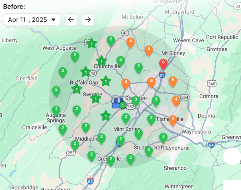 A map of a city with green circles and orange stars