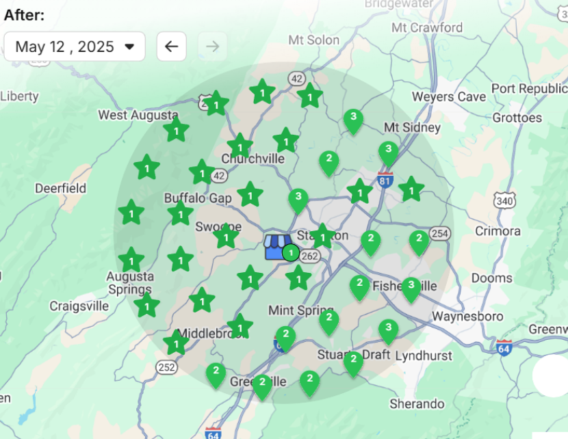 A map of a city with green stars on it