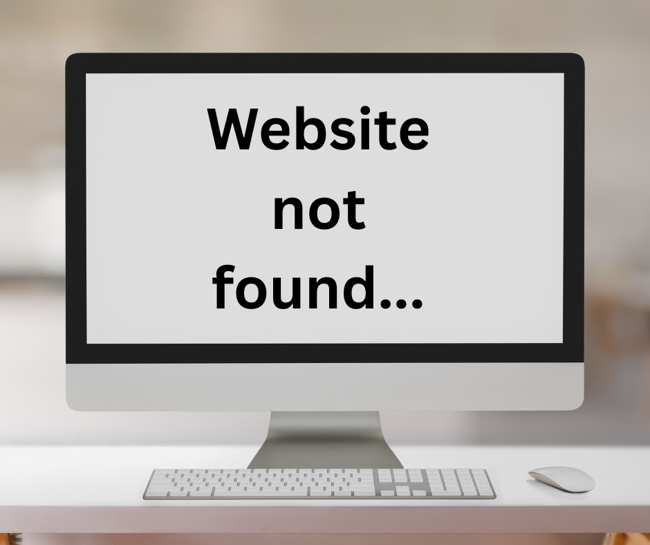 A computer monitor displays a message that says website not found