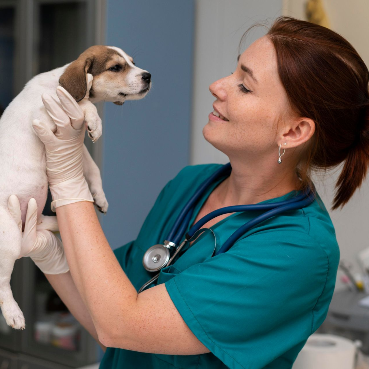 Veterinarian in scrubs holding a puppy, smiling. Setting appears to be a clinic.