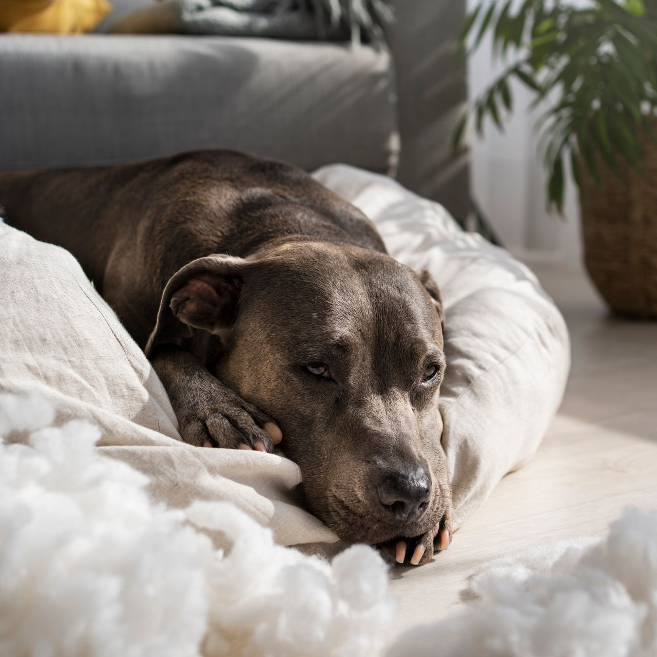 Dog resting on destroyed bed, surrounded by fluffy stuffing, indoor.