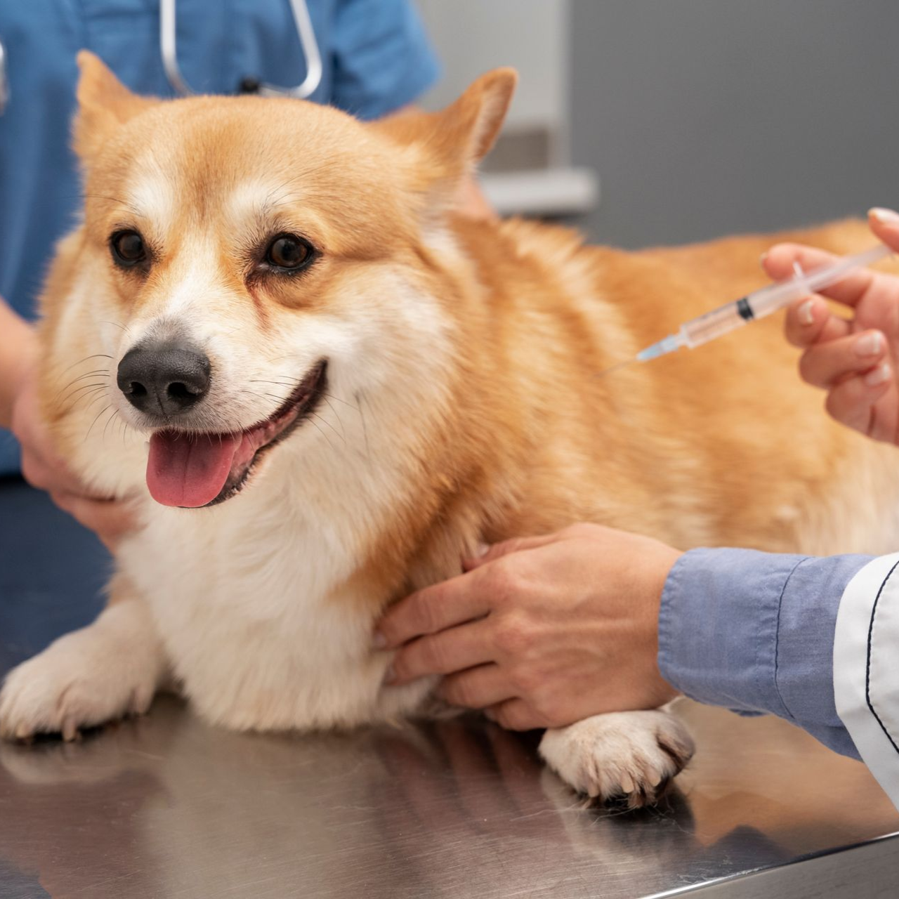 Corgi getting a shot at the vet's office; dog is relaxed with tongue out, two people assisting.