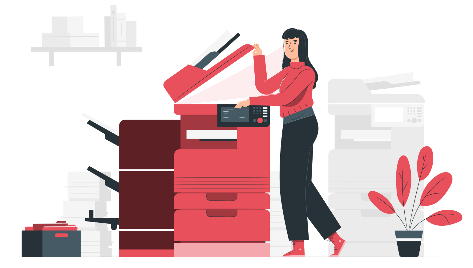 Una persona con una blusa roja utiliza una fotocopiadora roja en una oficina, con una planta y pilas de papel cerca.