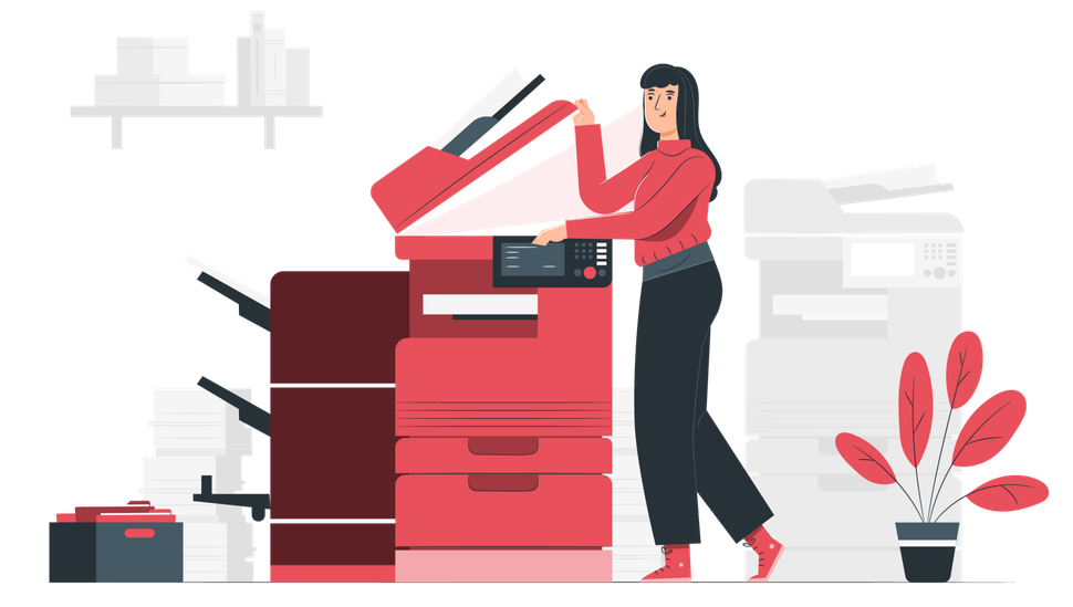 Una persona con una blusa roja utiliza una fotocopiadora roja en una oficina, con una planta y pilas de papel cerca.