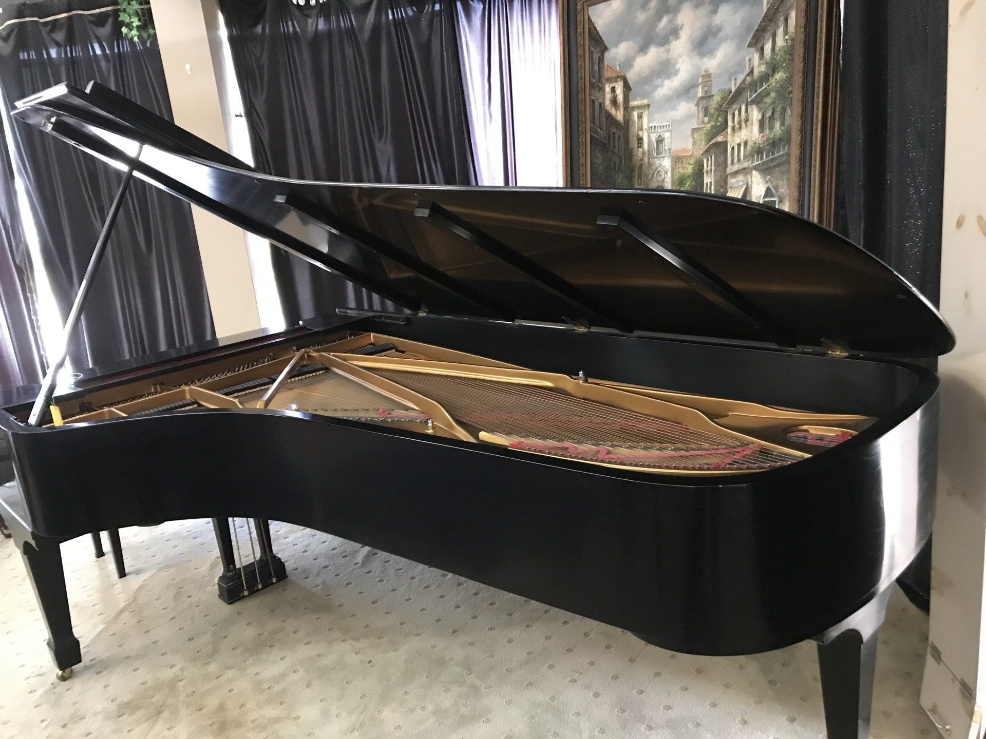 a black grand piano is sitting in a living room with its lid open .
