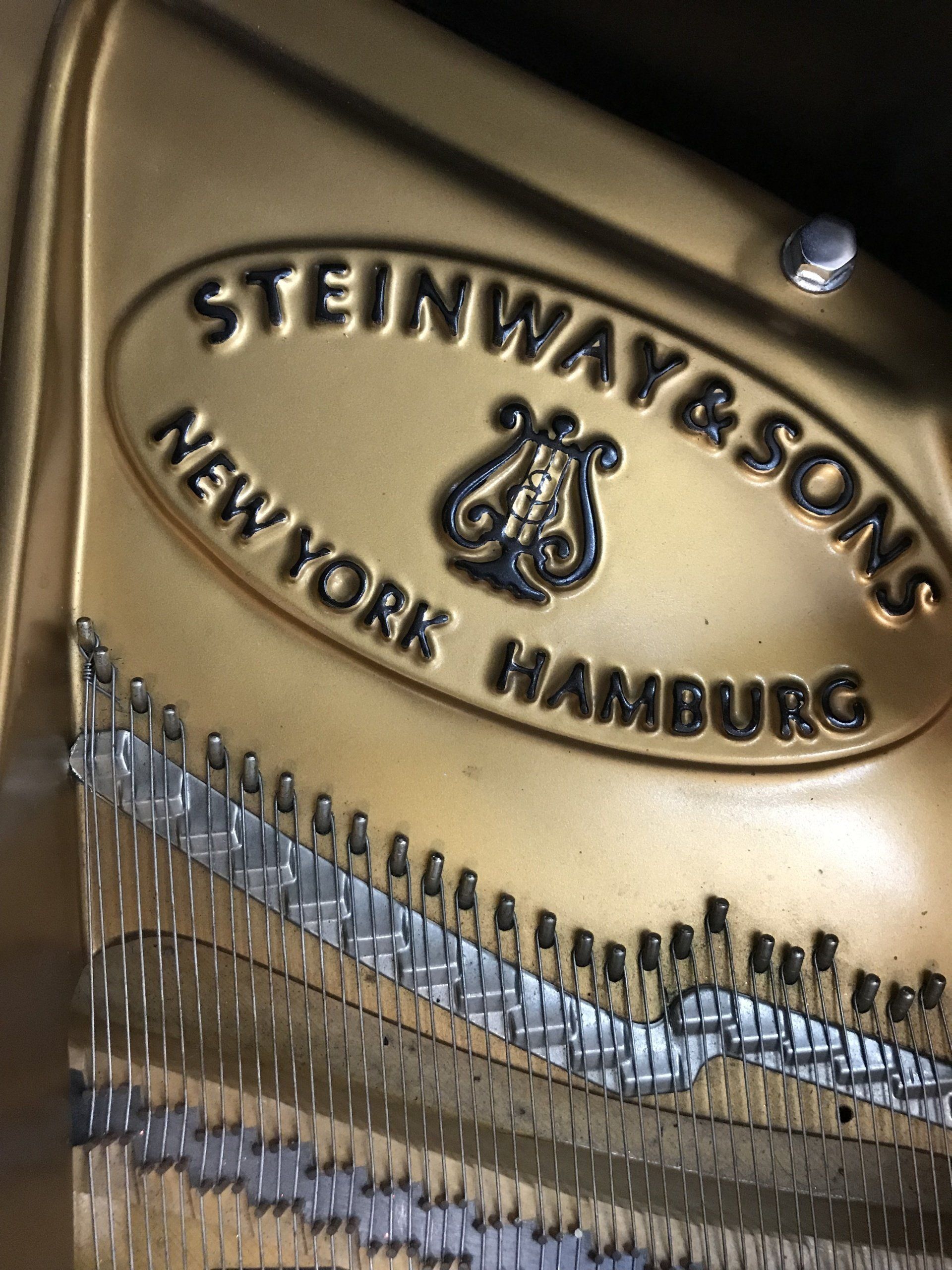 a close up of a steinway & sons new york hamburg piano