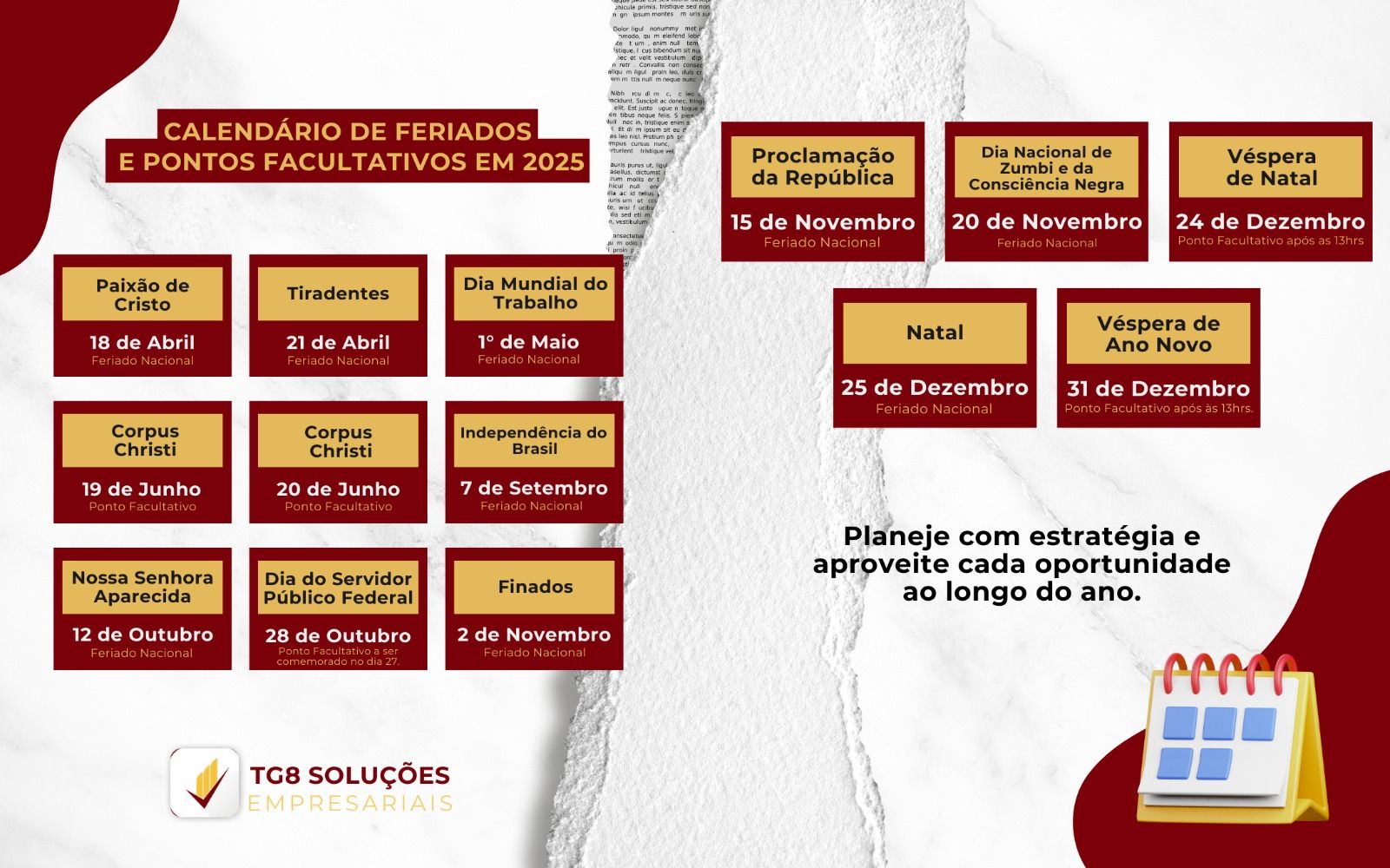 Calendário de feriados e pontos facultativos em 2025, com esquema de cores bordô e dourado, organizado para planejar e aproveitar ao máximo as oportunidades.