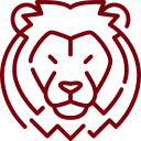 Um contorno marrom da cabeça de um leão, voltado para a frente, com uma juba e características faciais detalhadas.