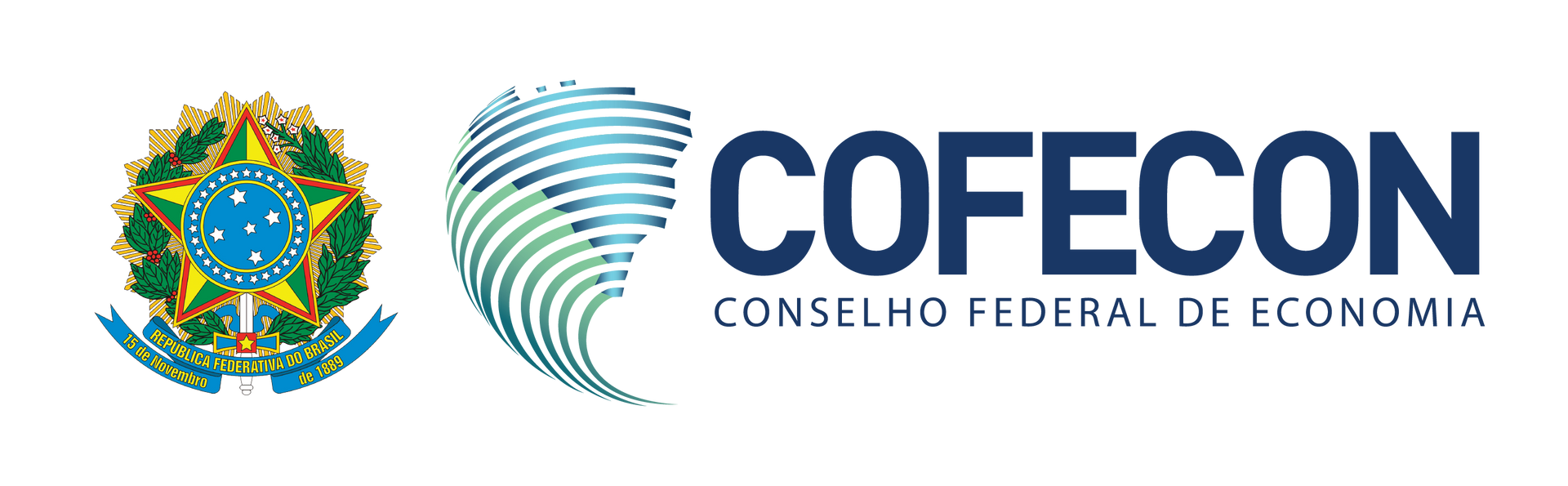 Logotipo do Conselho Federal de Economia (COFECON). Apresenta o brasão do Brasil, um globo terrestre e texto azul-escuro sobre fundo branco.
