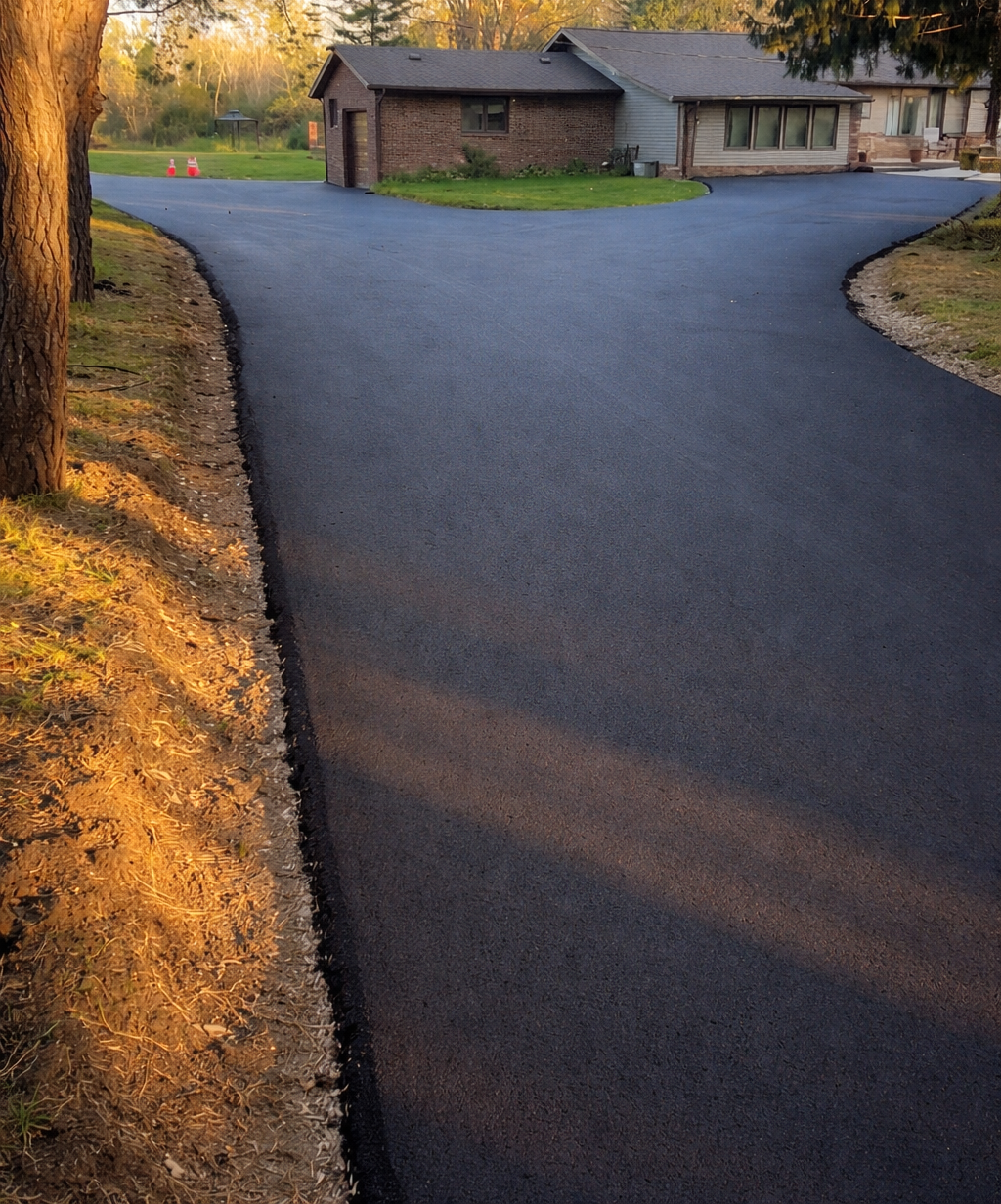 Black asphalt driveway leading to a white garage door of a house with green lawn.