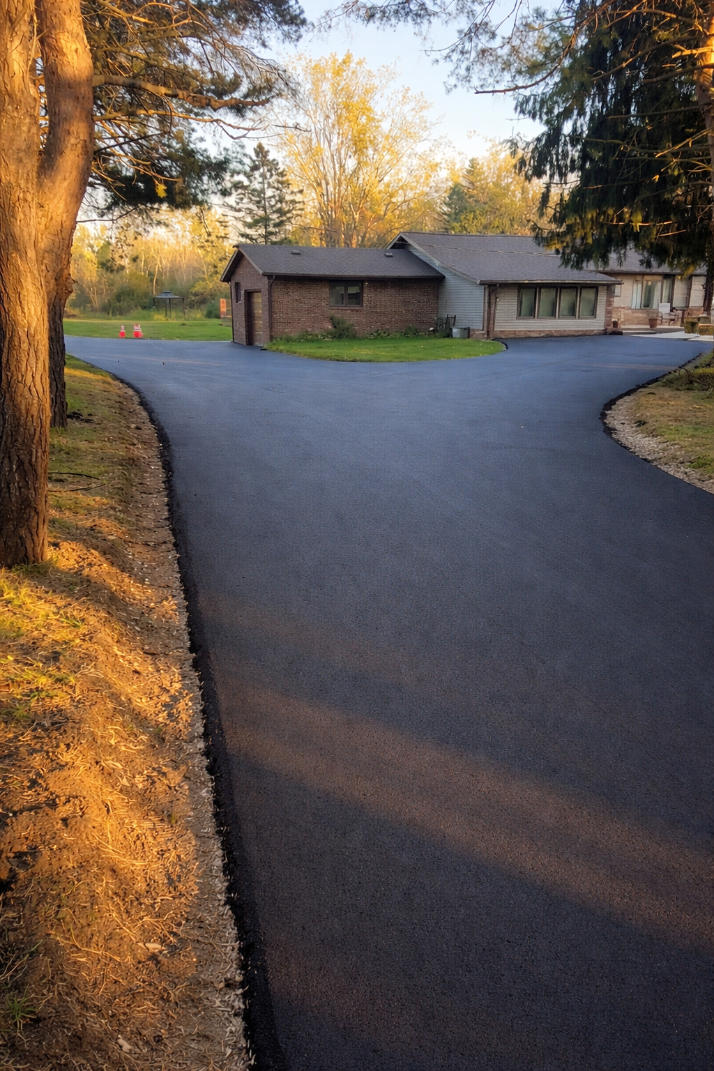 Black asphalt driveway leading to a white garage door of a house with green lawn.