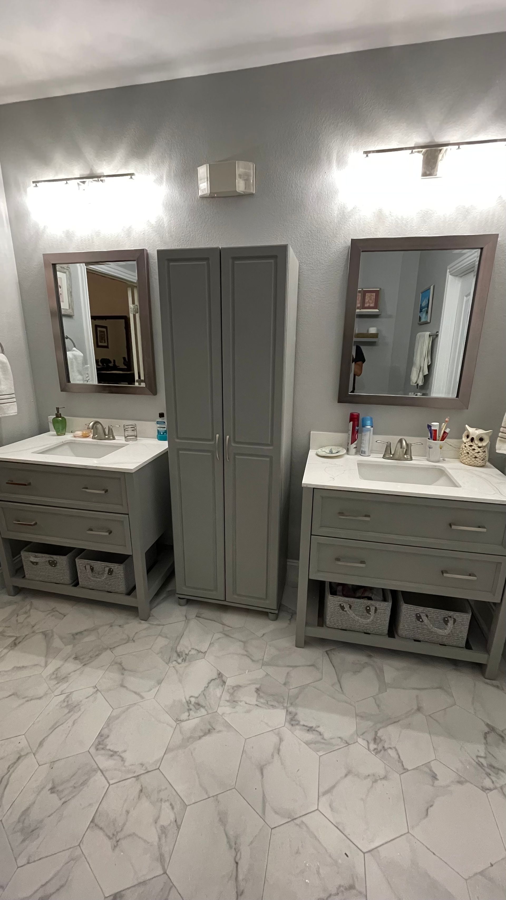 Matching bathroom vanity install and quartz countertops 