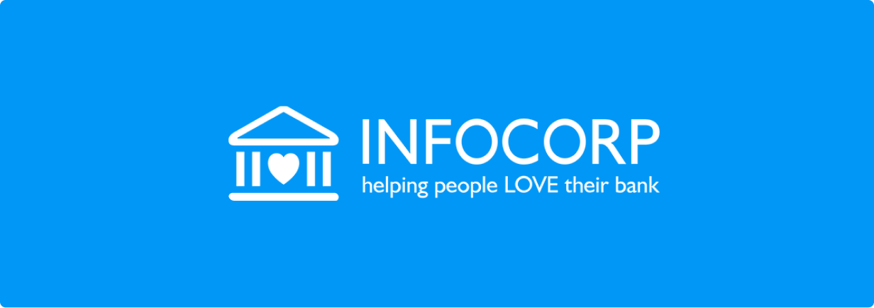 um logotipo azul para a infocorp ajudando as pessoas a amarem seu banco