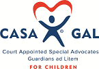 CASA GAL logo: Heart-shaped design above a stick figure with outstretched arms. Text: CASA GAL, court advocates for children.