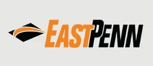 Logo for East Penn. Black and orange text with a black and orange swoosh-like design.