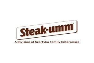 Steak-umm logo with brown text on a tilted white rectangle, 