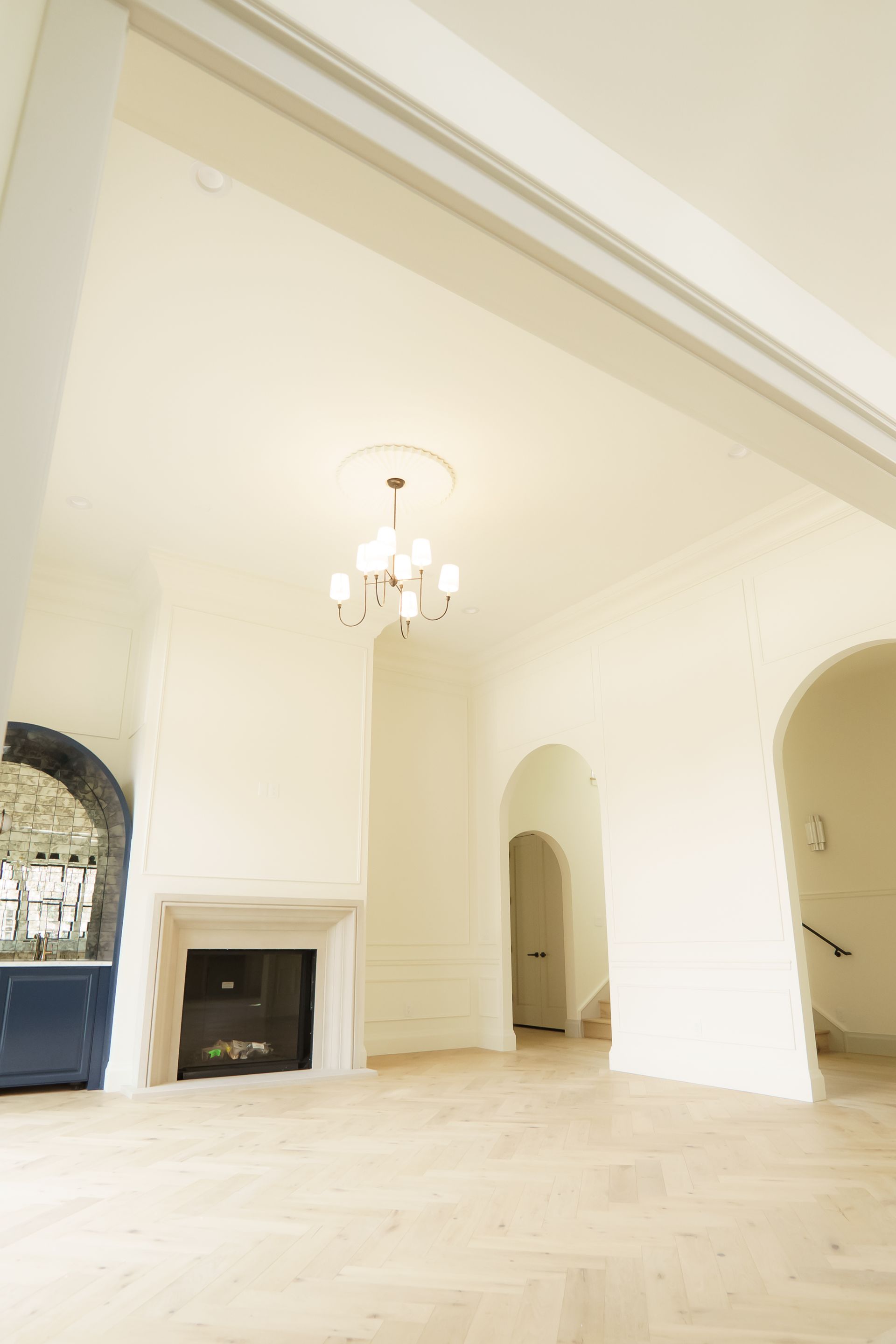 There is a fireplace in the middle of the room.