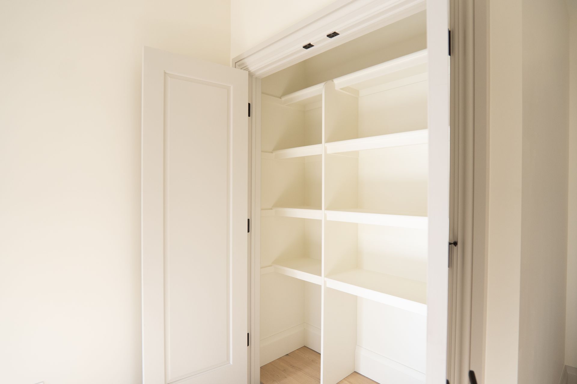 A white closet with shelves and a door in a room.