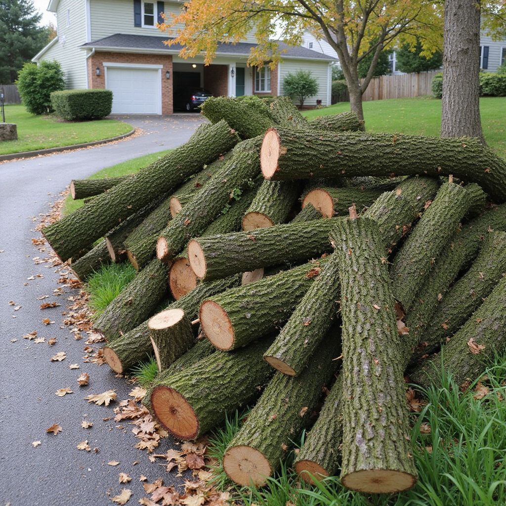 Pile of freshly cut green tree logs next to a driveway and lawn in front of a house.