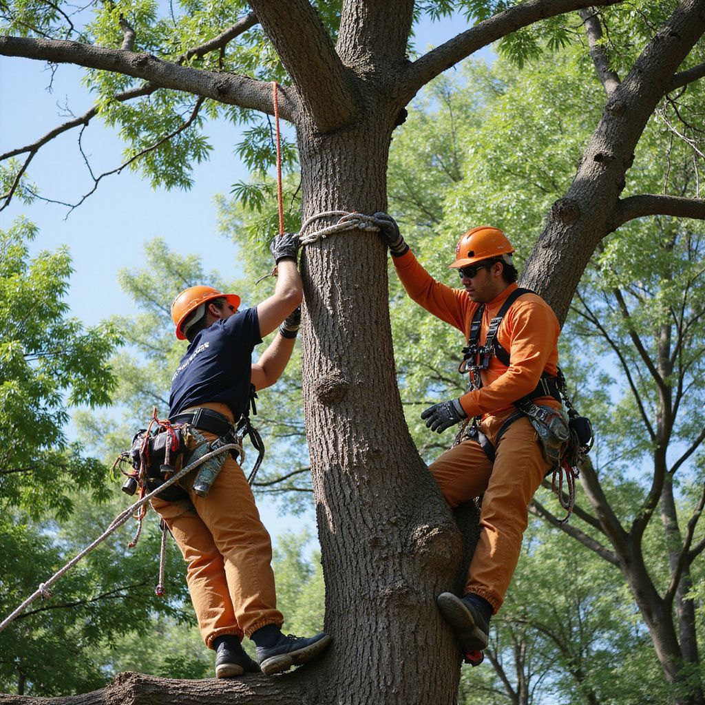 Two tree climbers in orange safety gear secure a rope around a tree trunk.