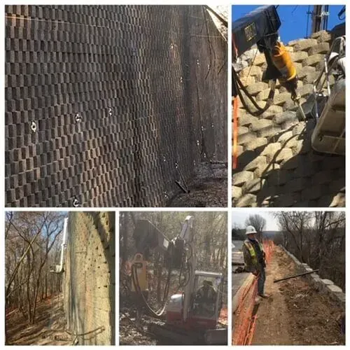 Photos of retaining wall repair: workers, equipment, and damaged structure outdoors.