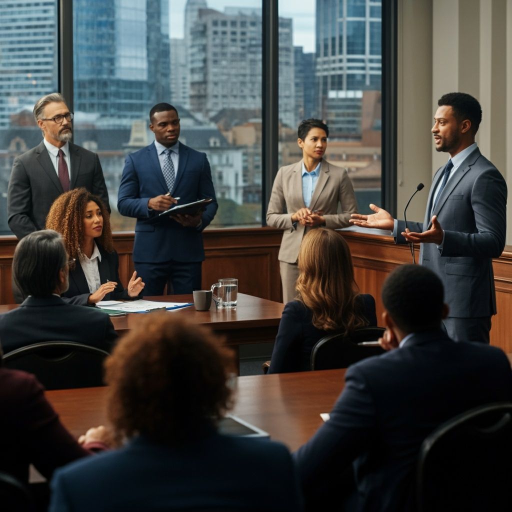 Businesspeople in suits at a conference table. One man speaks at a podium. Cityscape in background.