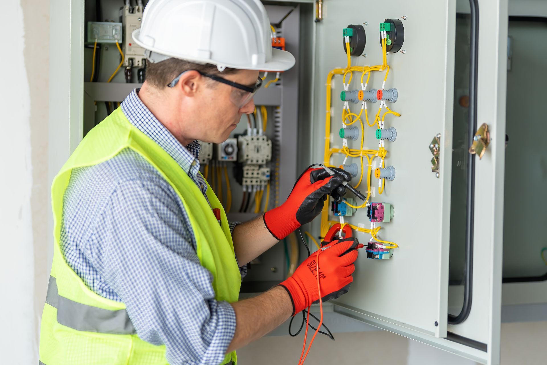 A man in a hard hat and safety vest is working on an electrical box. — Cambridge, MD — Barnes Electric Inc.