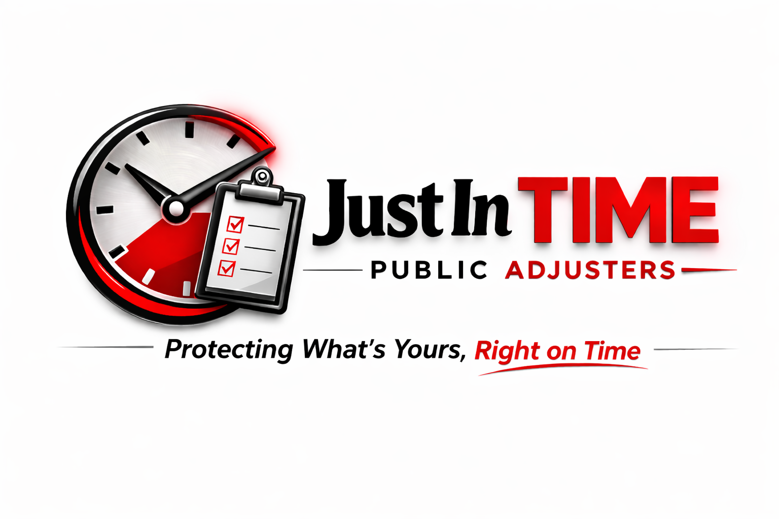 Just In Time Public Adjusters logo with clock, clipboard, and tagline “Protecting What’s Yours, Right on Time”