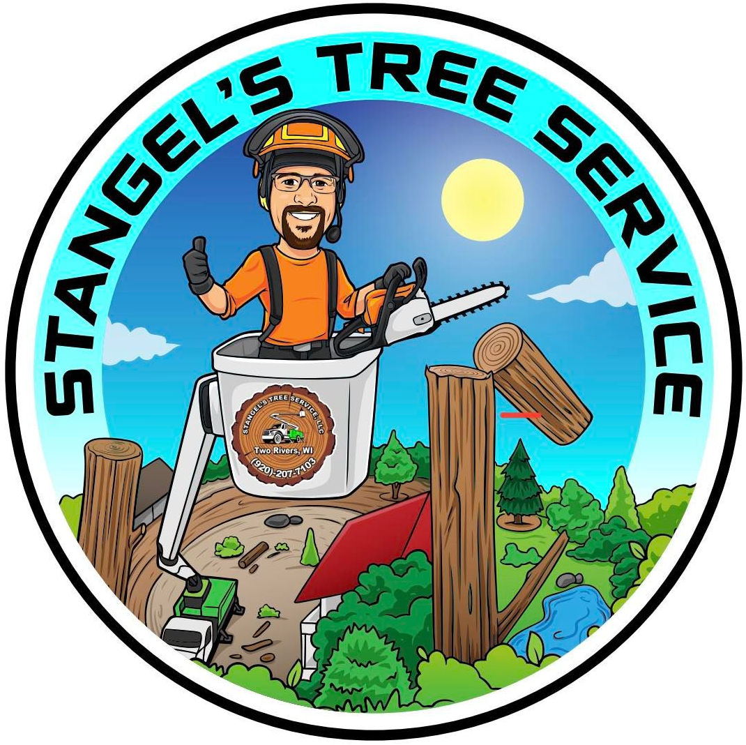 St. Angels Tree Service logo with smiling tree worker in a bucket lift, chainsaw, trees, and blue sky.
