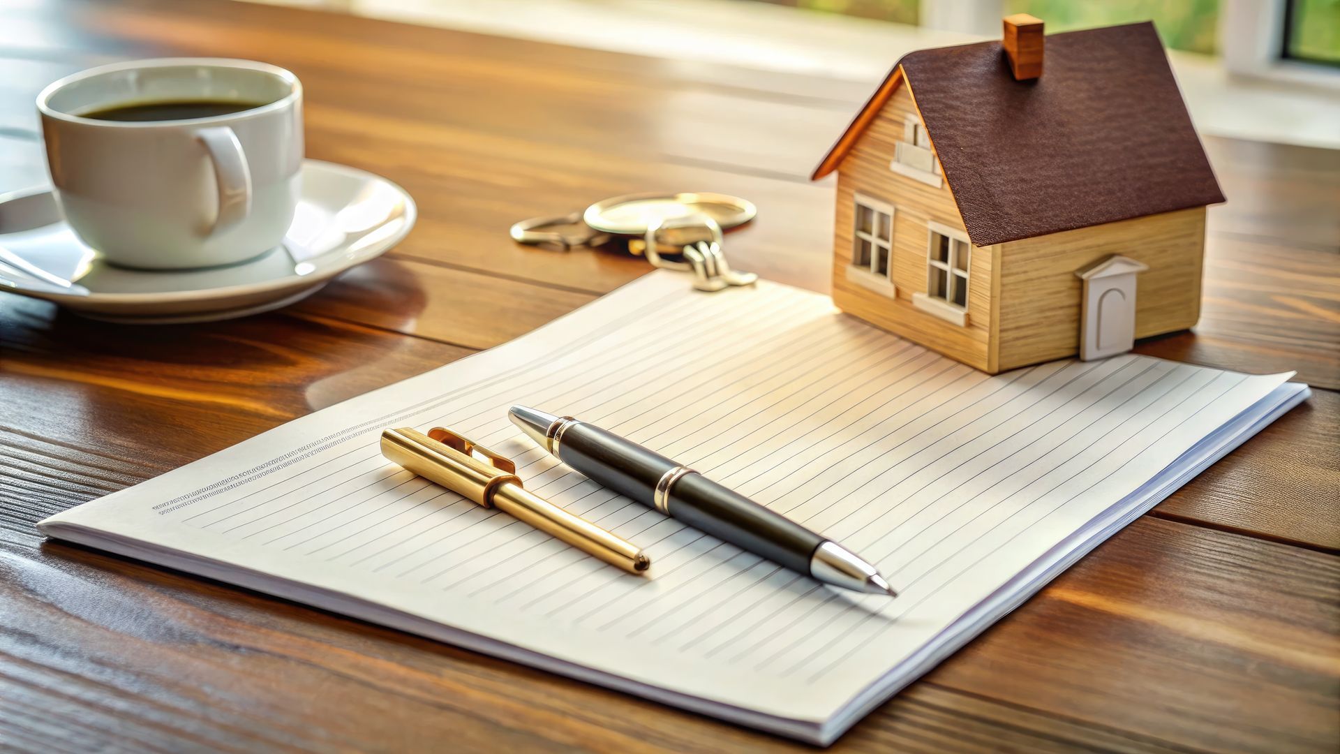 A small model house is sitting on top of a notebook next to a pen and a cup of coffee.