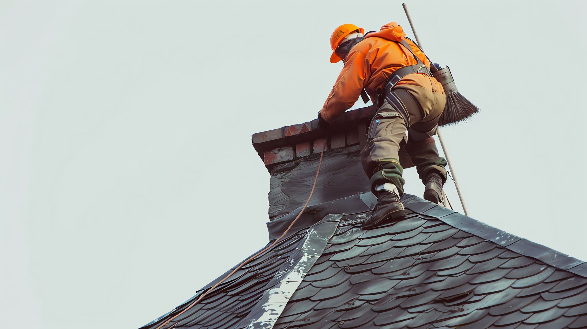 A man is standing on top of a roof working on a chimney.