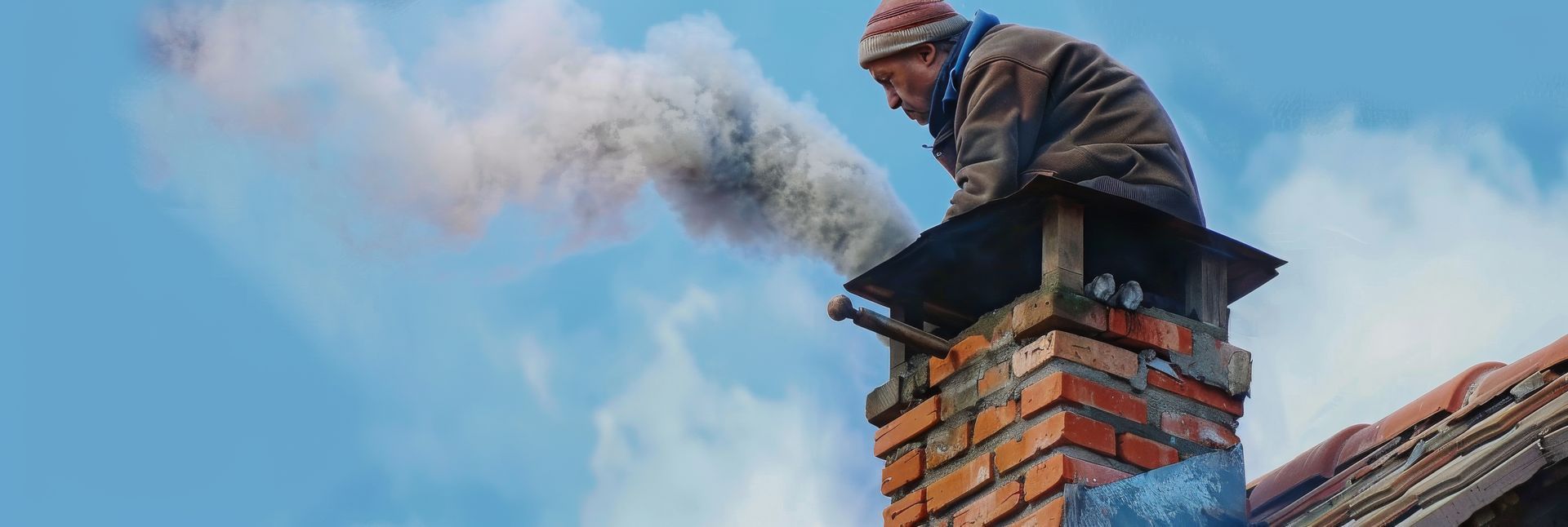 A man is sitting on top of a brick chimney with smoke coming out of it.