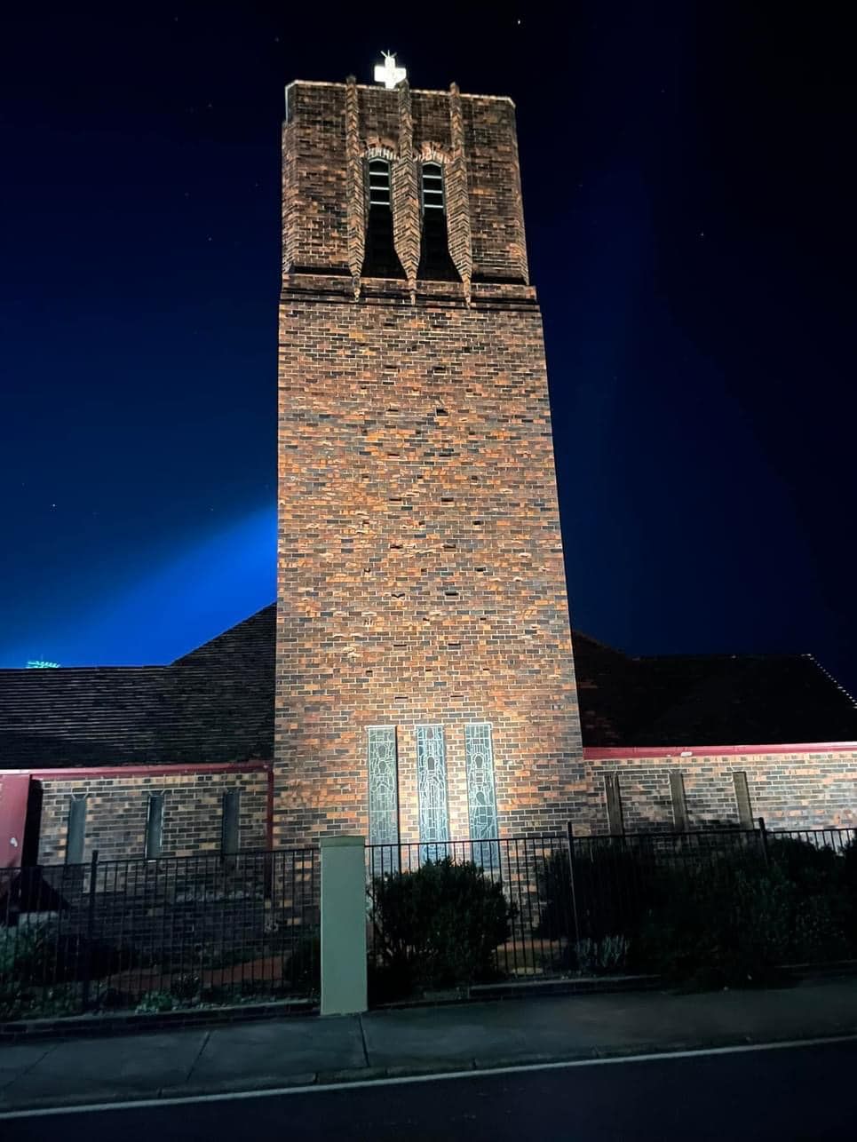 St Paul's Anglican Church Frankston - illuminated Cross on church tower at night