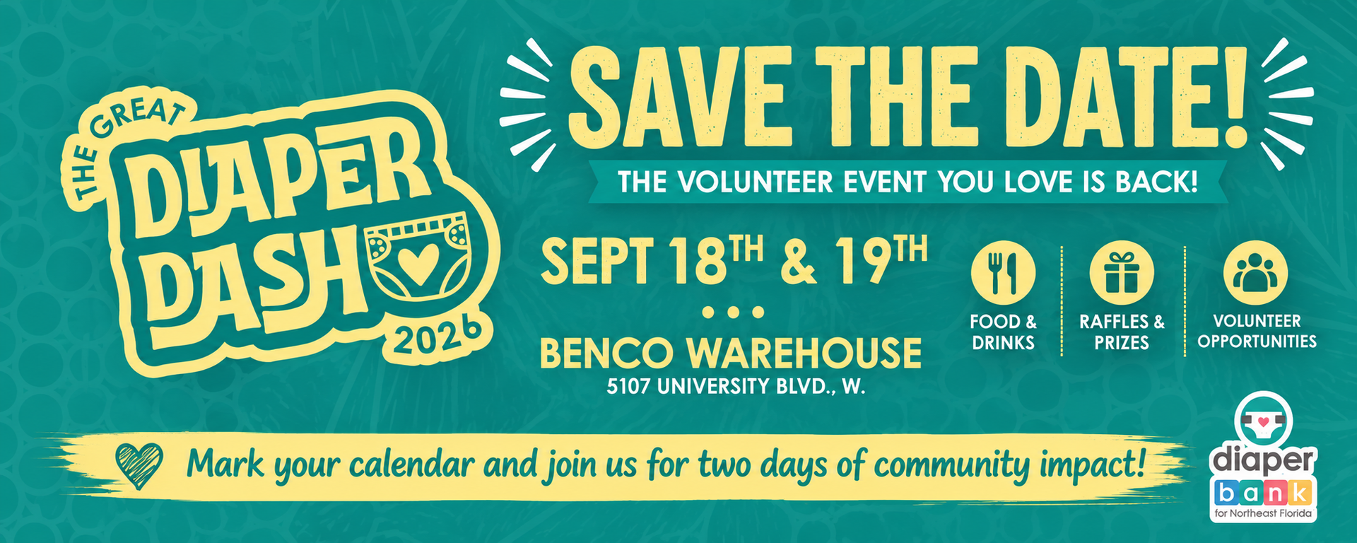 Diaper Dash 2025 save-the-date poster with teal and yellow text for Sept. 18–19 at Benco Warehouse, York, PA