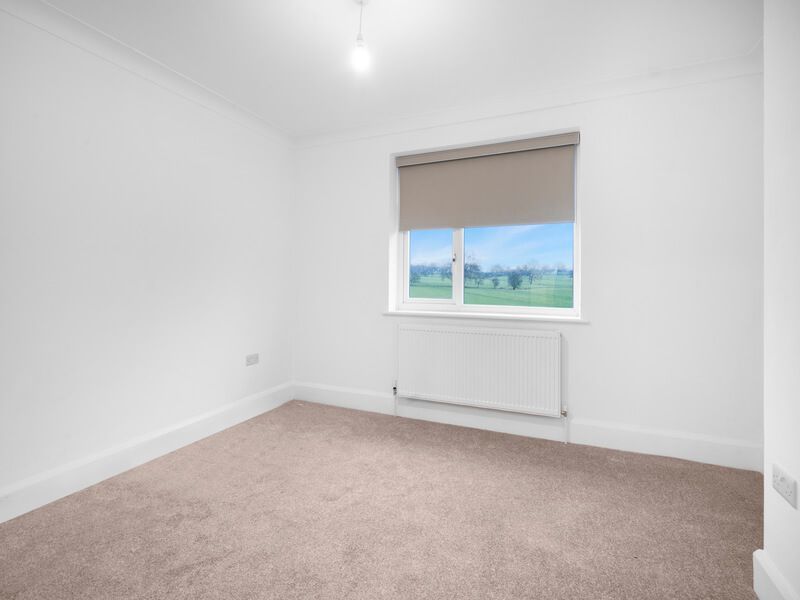 Empty white room with a window, tan carpet, and a radiator.