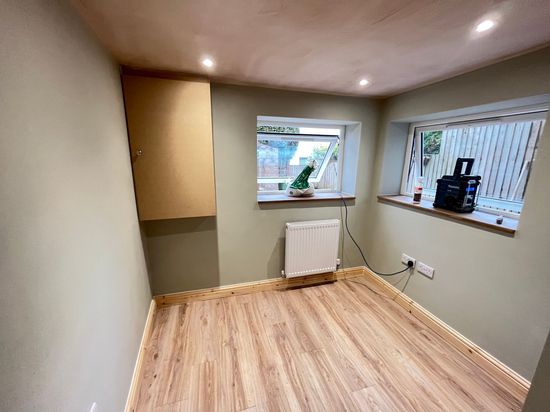 Small room with light green walls, wood floor, two windows, and a cabinet.