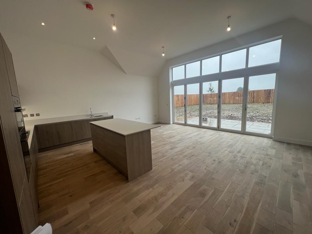 Modern kitchen with light wood cabinets, island, and a large glass door leading to the backyard.