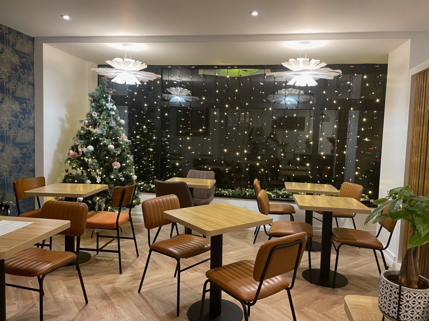 Cafe interior with tables, chairs, Christmas tree, string lights, and decorative lighting.