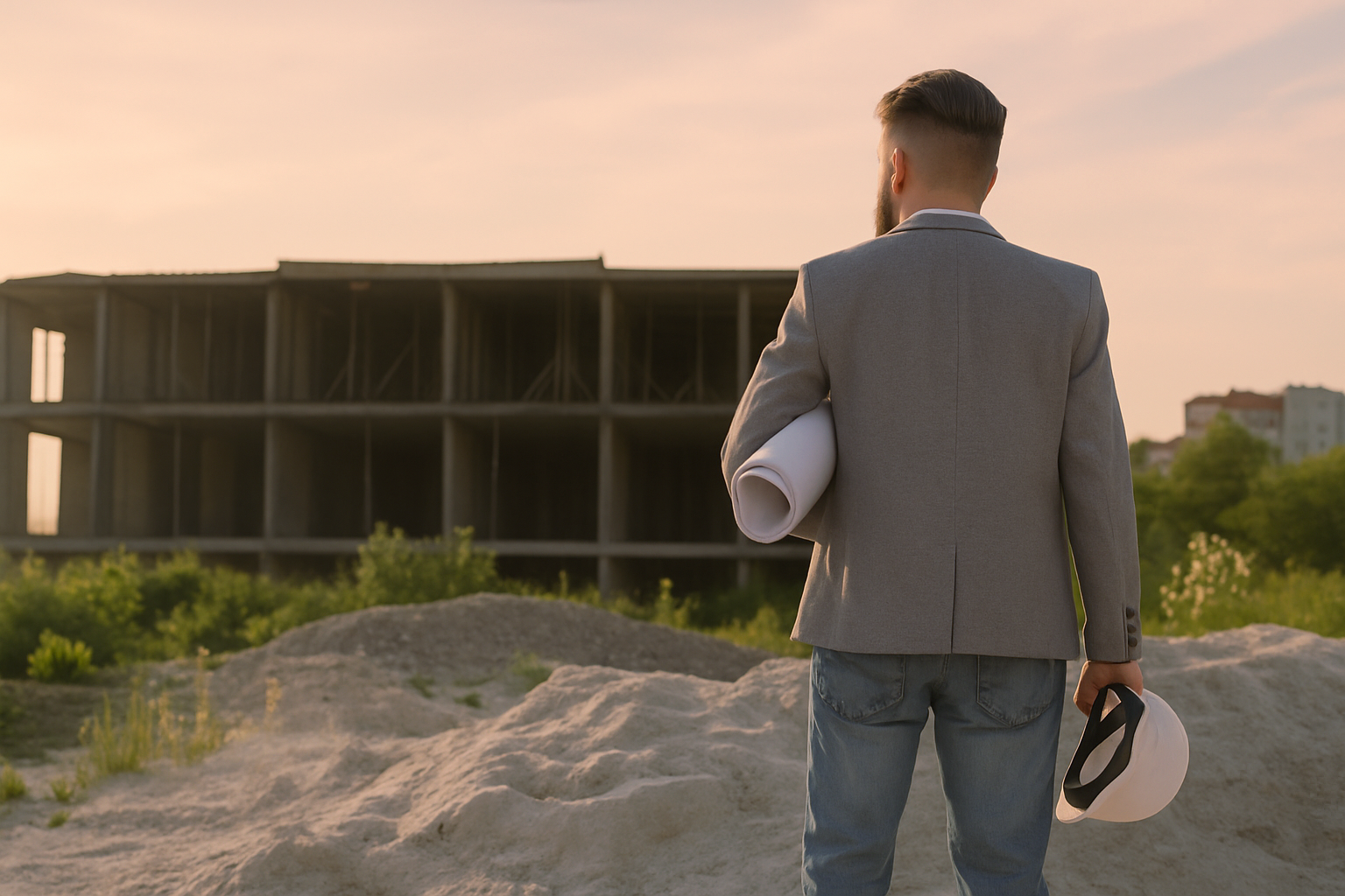 Construction worker in grey suit, holding blueprints and hardhat, views unfinished building under a sunset sky.