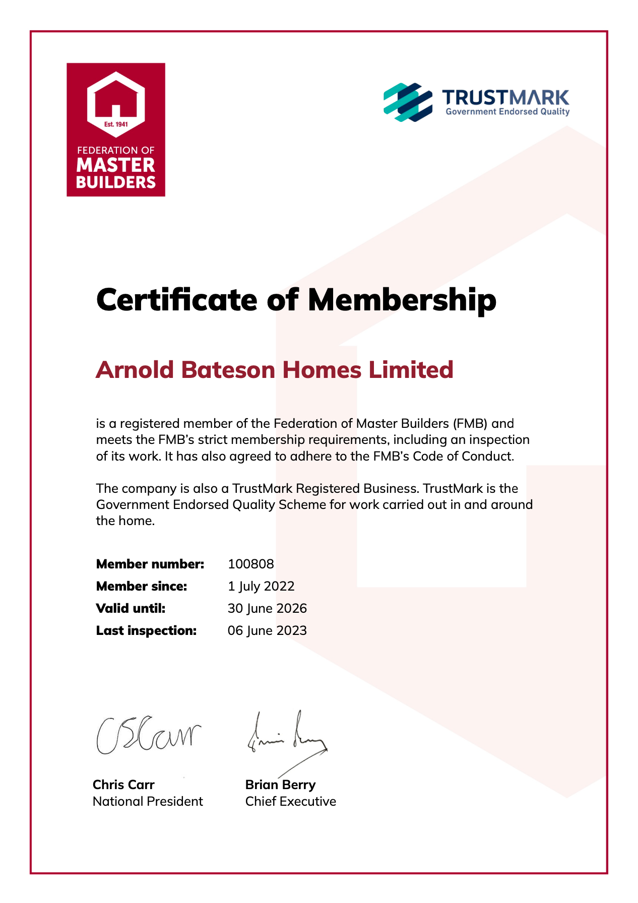 Certificate of Membership for Arnold Bateson Homes Limited, from the Federation of Master Builders