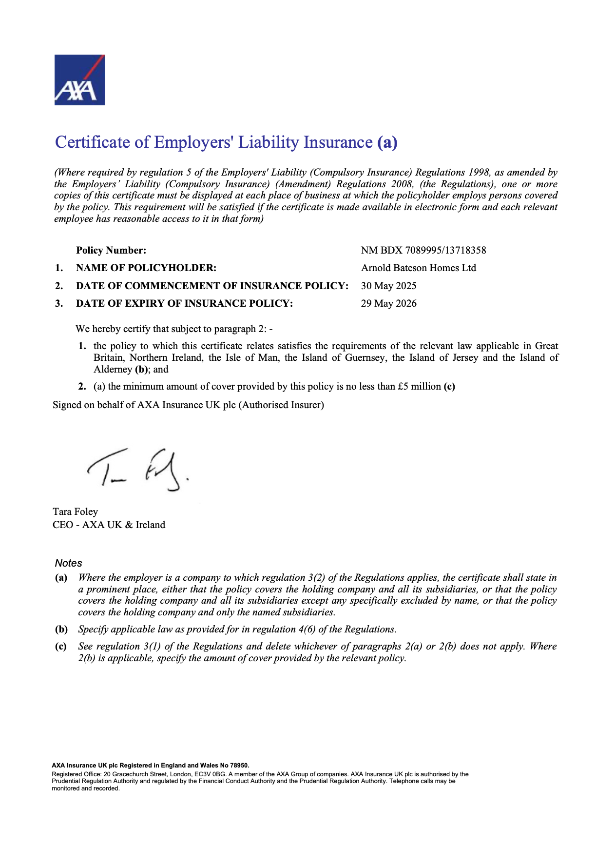 AXA Employer's Liability Insurance certificate; document with text, signature, and logo.