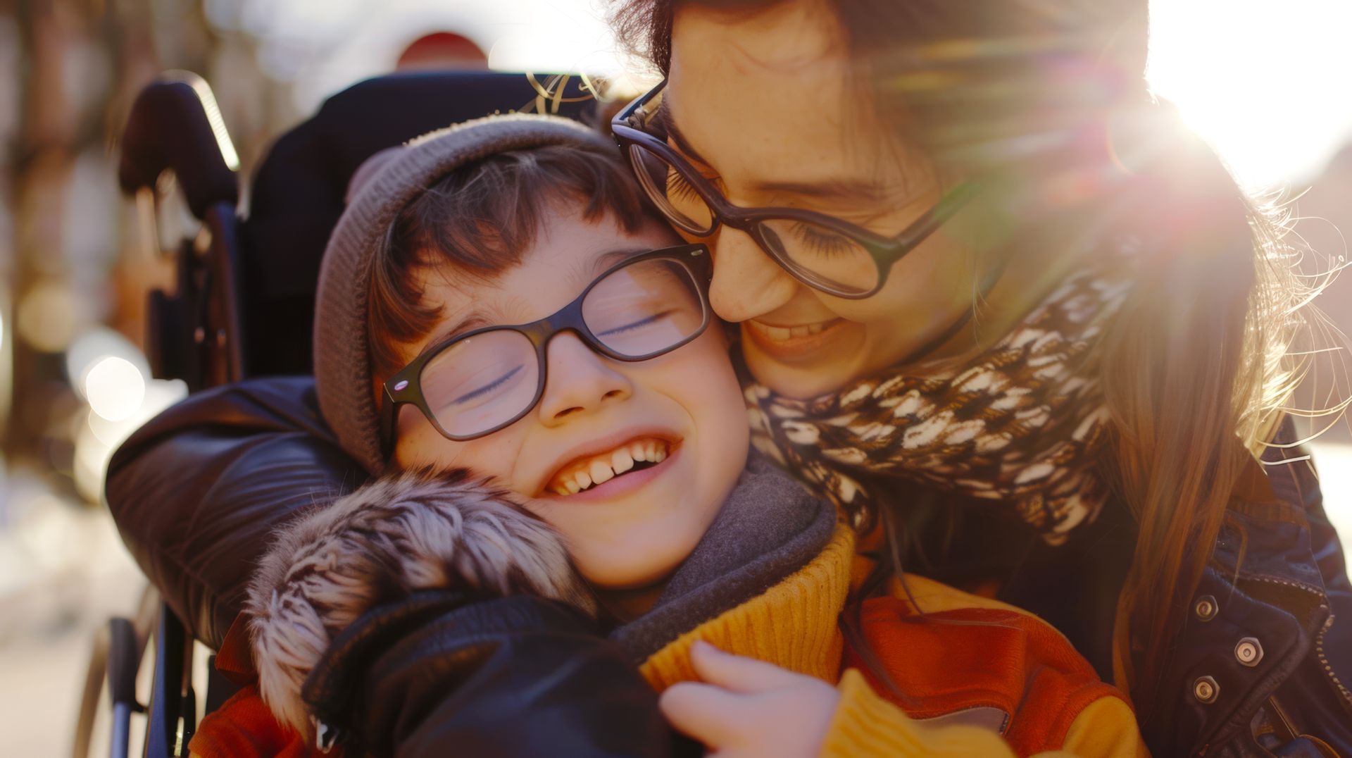 Woman hugs child in wheelchair; both wear glasses and smile in sunlight.