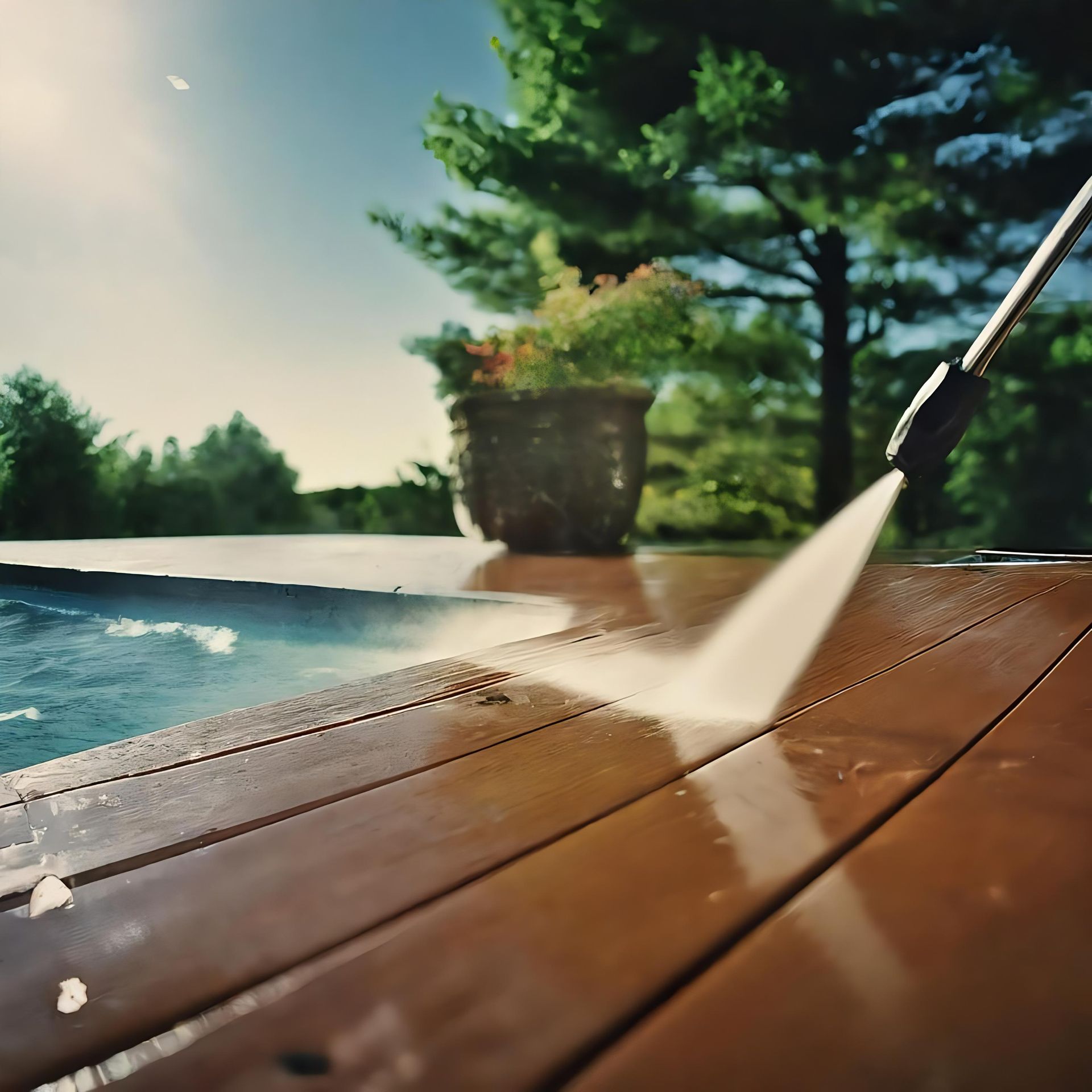 Timber Pool Deck Gets A High Pressure Wash — Ausmade Services Pty Ltd in Seven Hills, QLD