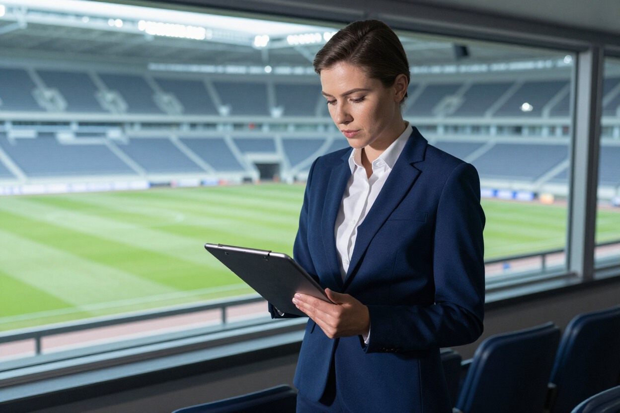 Woman in a navy suit using a tablet in a stadium press box