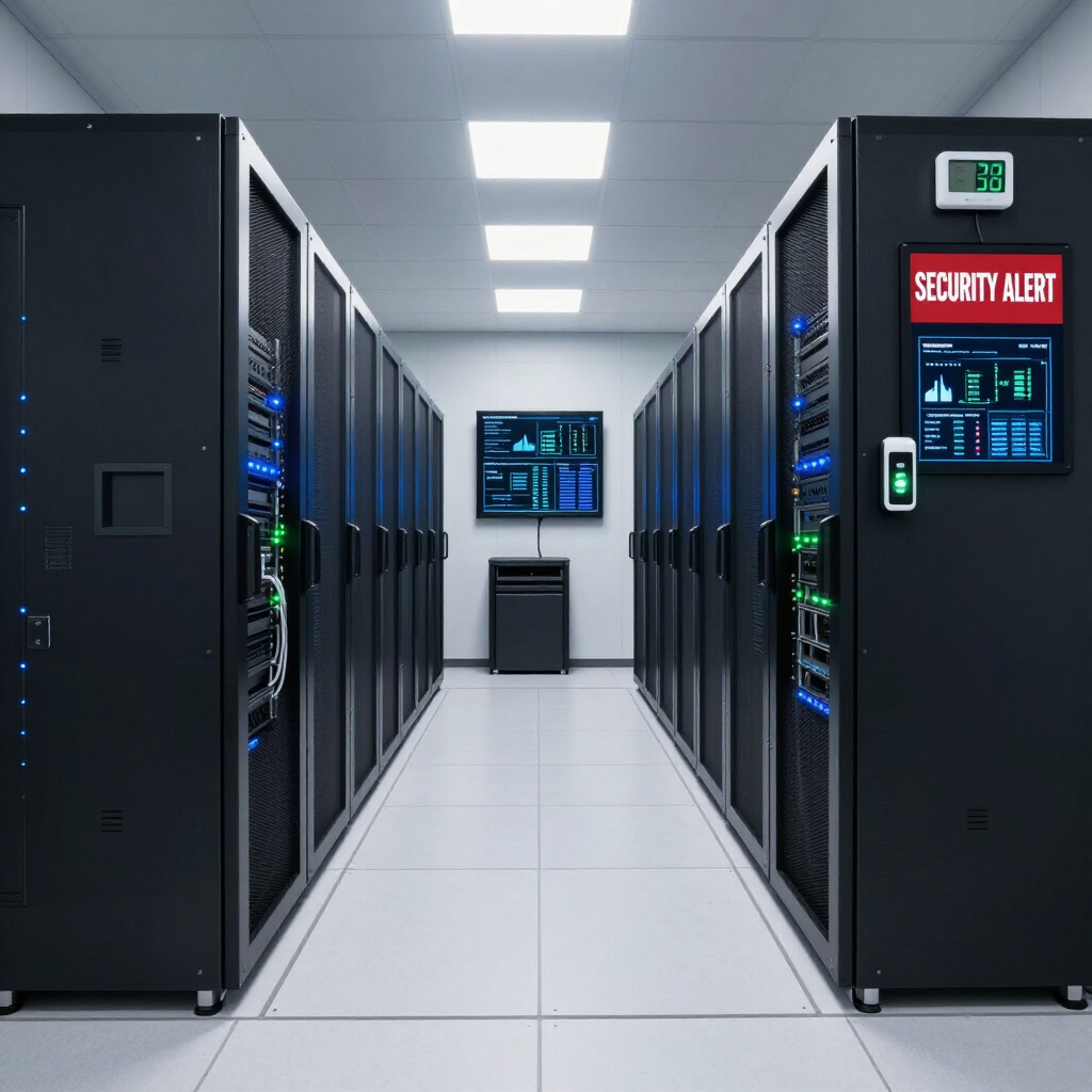 Server room aisle with black racks, glowing monitors, and a red security alert display