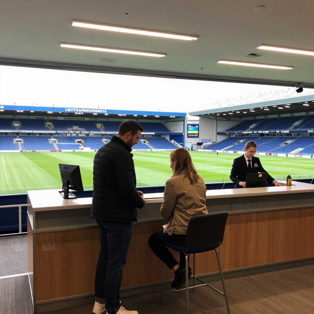 People at a stadium bar overlooking the empty soccer field and blue stands