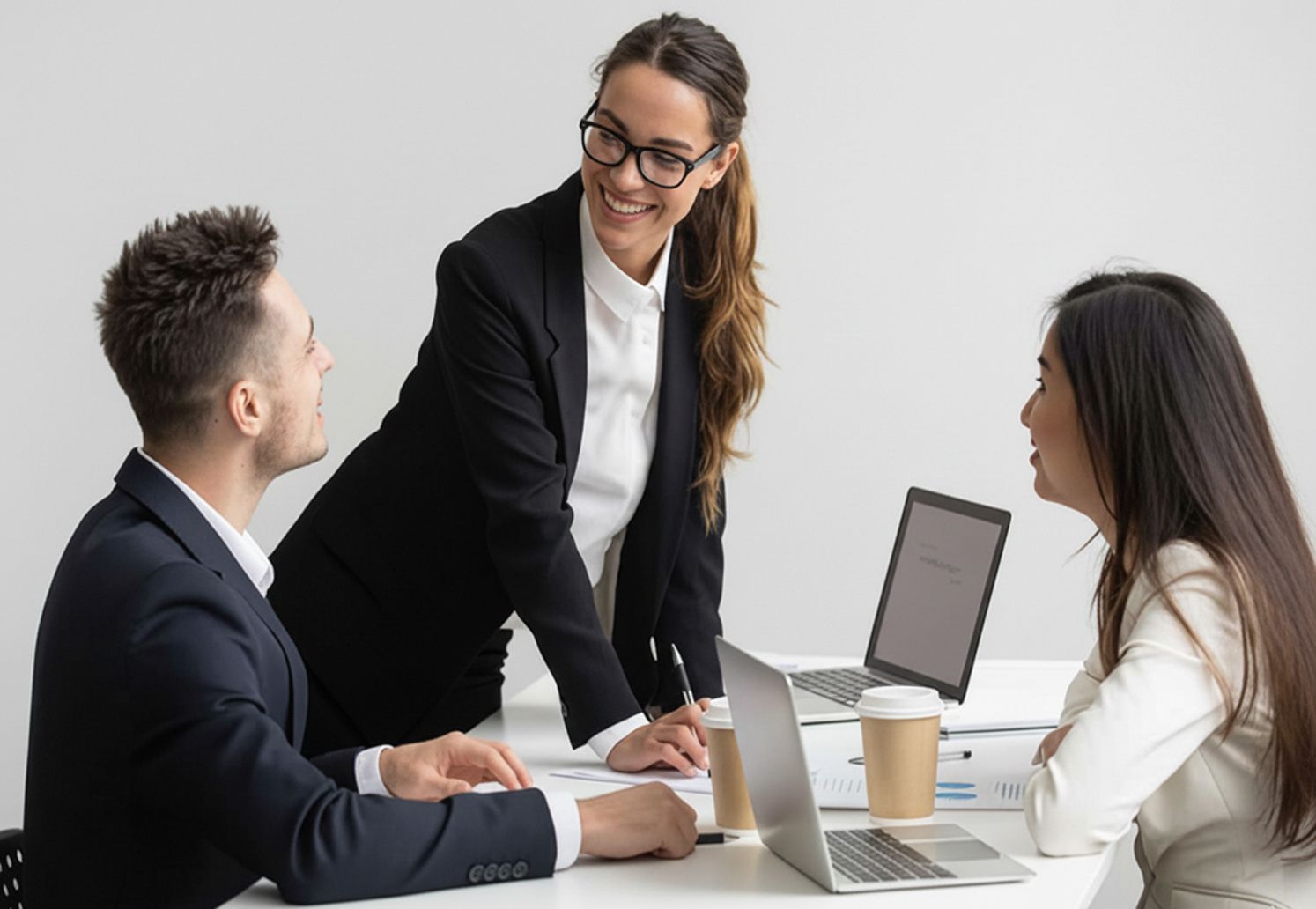Business meeting with three colleagues around a table, one standing and smiling over a laptop and papers